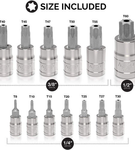 ® 10073A Tamper Proof Torx Bit Socket Set, T8 – T60, S2 Steel | 13-Piece Set