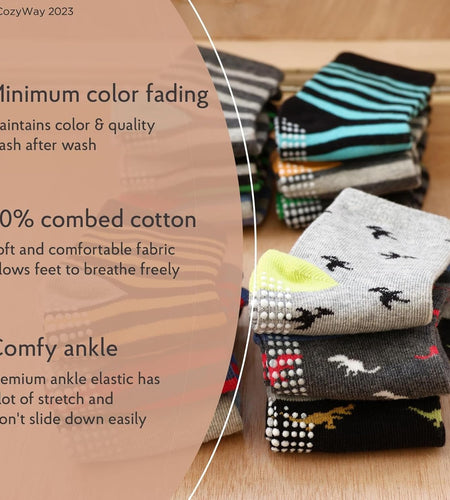 Baby & Toddler Socks with Grippers Non Slip Ankle Grip Socks for Boys and Girls - Comfy Soft Cotton - 6 Pack
