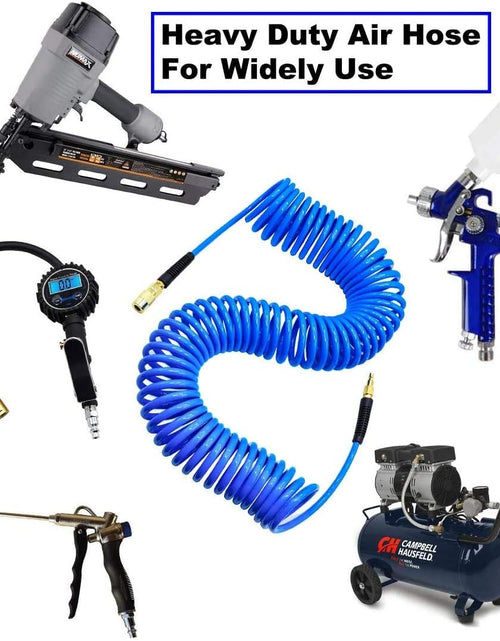 Load image into Gallery viewer, Polyurethane Recoil Air Hose 1/4" Inner Diameter by 25' Long with Bend Restrictor, 1/4" Industrial Quick Coupler and Plug, Blue
