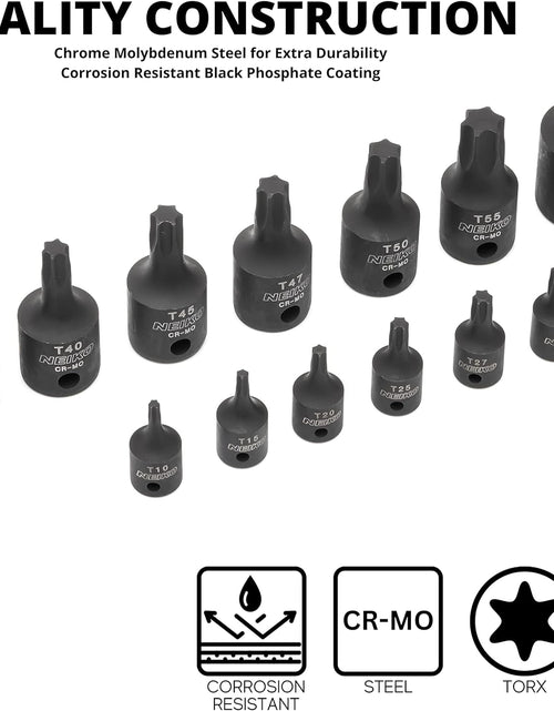 Load image into Gallery viewer, 10281B Impact Torx Bit Socket Set 13 Piece 6 Point Star Sockets Heavy Duty Impact Grade Cr-Mo T10 to T60 High Impact ABS Blow Molded Storage Case
