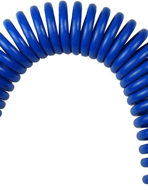 Load image into Gallery viewer, Polyurethane Recoil Air Hose 1/4" Inner Diameter by 25' Long with Bend Restrictor, 1/4" Industrial Quick Coupler and Plug, Blue
