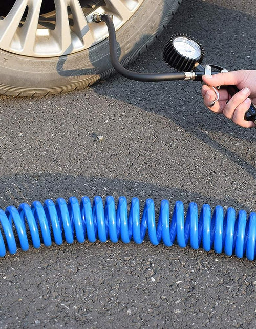 Load image into Gallery viewer, Polyurethane Recoil Air Hose 1/4" Inner Diameter by 25' Long with Bend Restrictor, 1/4" Industrial Quick Coupler and Plug, Blue
