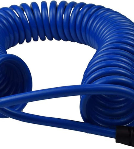 Polyurethane Recoil Air Hose 1/4" Inner Diameter by 25' Long with Bend Restrictor, 1/4" Industrial Quick Coupler and Plug, Blue