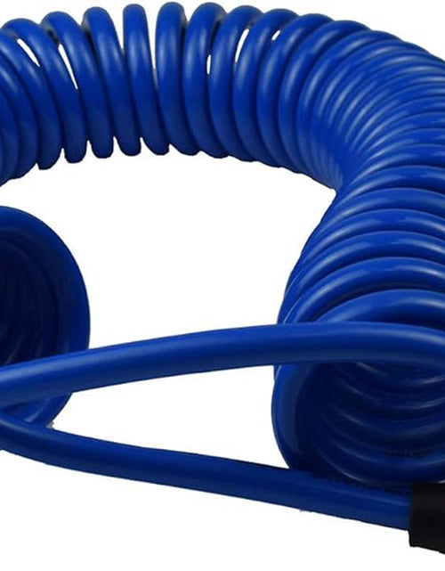 Load image into Gallery viewer, Polyurethane Recoil Air Hose 1/4" Inner Diameter by 25' Long with Bend Restrictor, 1/4" Industrial Quick Coupler and Plug, Blue
