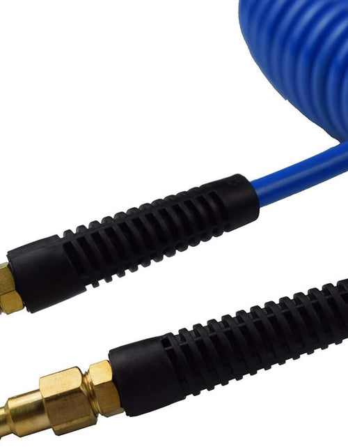 Load image into Gallery viewer, Polyurethane Recoil Air Hose 1/4" Inner Diameter by 25' Long with Bend Restrictor, 1/4" Industrial Quick Coupler and Plug, Blue
