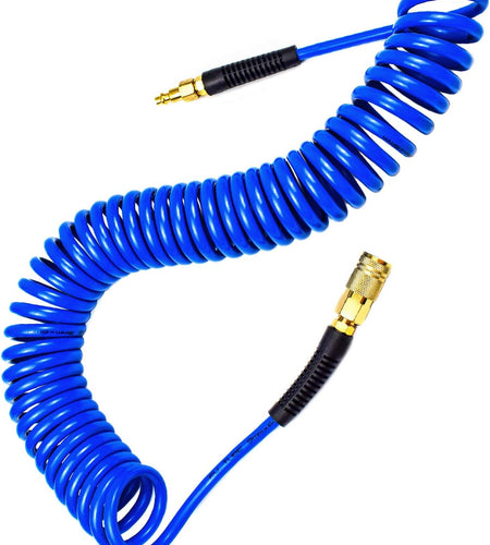 Polyurethane Recoil Air Hose 1/4" Inner Diameter by 25' Long with Bend Restrictor, 1/4" Industrial Quick Coupler and Plug, Blue