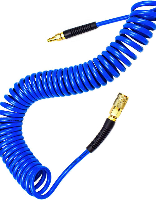 Load image into Gallery viewer, Polyurethane Recoil Air Hose 1/4" Inner Diameter by 25' Long with Bend Restrictor, 1/4" Industrial Quick Coupler and Plug, Blue
