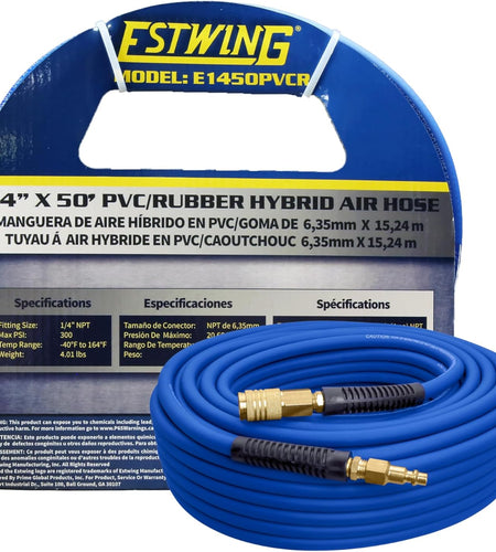 E1450PVCR 1/4" X 50' PVC / Rubber Hybrid Air Hose with Brass 1/4" NPT Industrial Fitting and Universal Quick Connect Coupler
